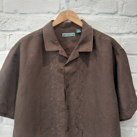 Cubavera Linen Blend Button-Up Shirt Mens XL Brown Embroidered Short Sleeve. Ple - Picture 7 of 13